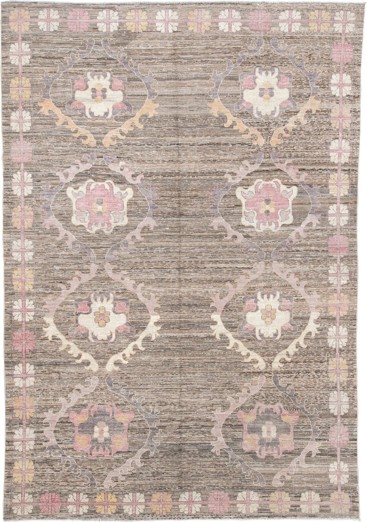 8' x 12' one-of-a-kind handmade vintage Oushak large size rug. Color palette: taupe, ivory, blush pink, lavender, brown