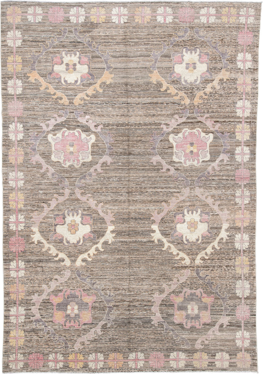 8' x 12' one-of-a-kind handmade vintage Oushak large size rug. Color palette: taupe, ivory, blush pink, lavender, brown