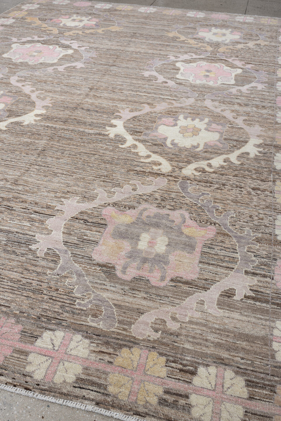 8' x 12' one-of-a-kind handmade vintage Oushak large size rug. Color palette: taupe, ivory, blush pink, lavender, brown