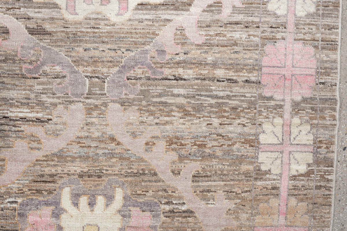 8' x 12' one-of-a-kind handmade vintage Oushak large size rug. Color palette: taupe, ivory, blush pink, lavender, brown