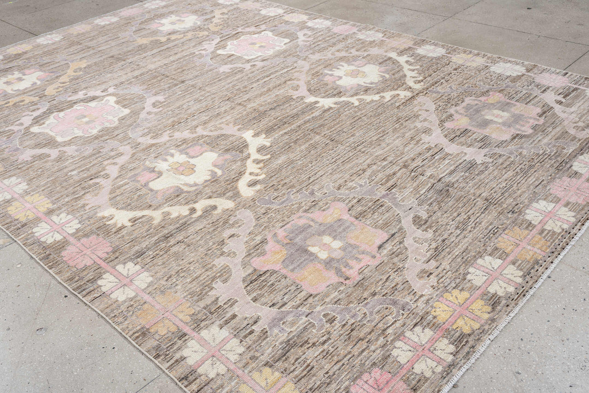 8' x 12' one-of-a-kind handmade vintage Oushak large size rug. Color palette: taupe, ivory, blush pink, lavender, brown