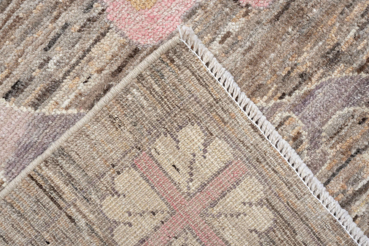 8' x 12' one-of-a-kind handmade vintage Oushak large size rug. Color palette: taupe, ivory, blush pink, lavender, brown