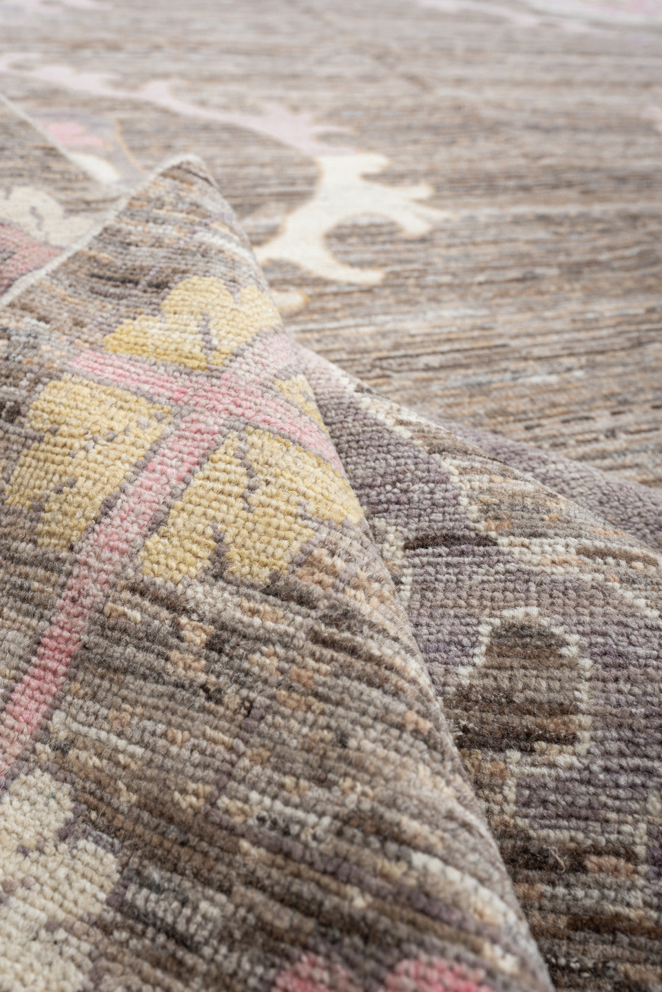 8' x 12' one-of-a-kind handmade vintage Oushak large size rug. Color palette: taupe, ivory, blush pink, lavender, brown