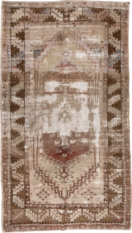 4' x 8' one-of-a-kind handmade vintage Oushak rug. Color palette: taupe, ivory, brown, rose, beige, rust, gray, pink, red
