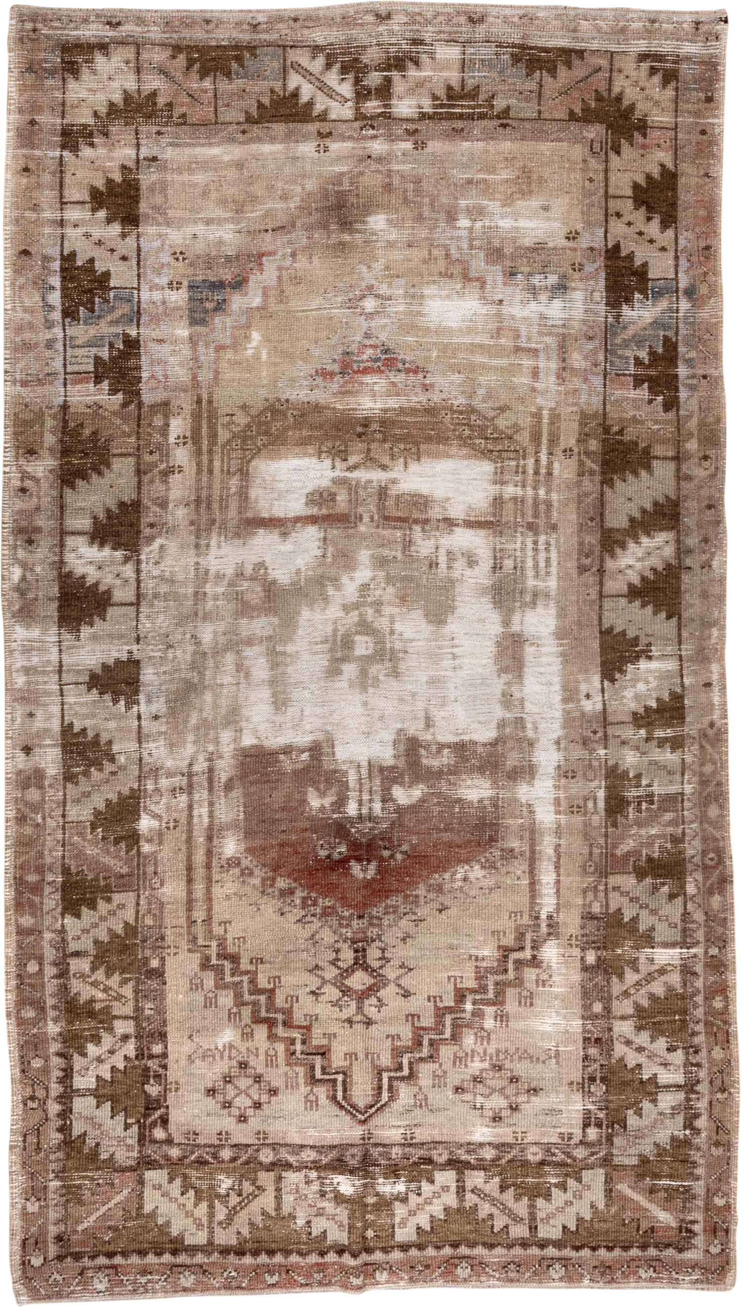 4' x 8' one-of-a-kind handmade vintage Oushak rug. Color palette: taupe, ivory, brown, rose, beige, rust, gray, pink, red