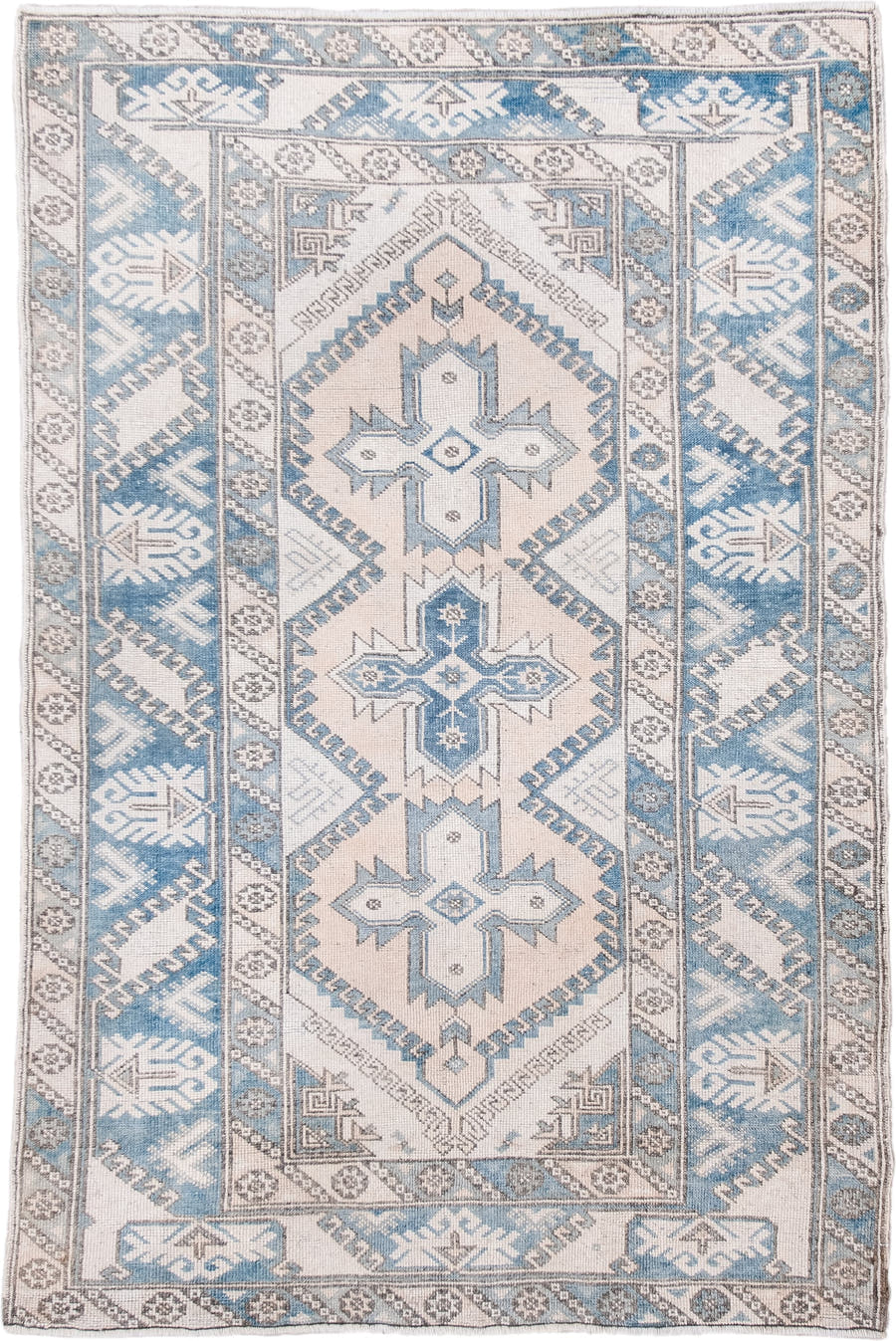 3' x 5' one-of-a-kind handmade vintage Anatolian small size rug. Color palette: ivory, powder blue, gray, slate, taupe
