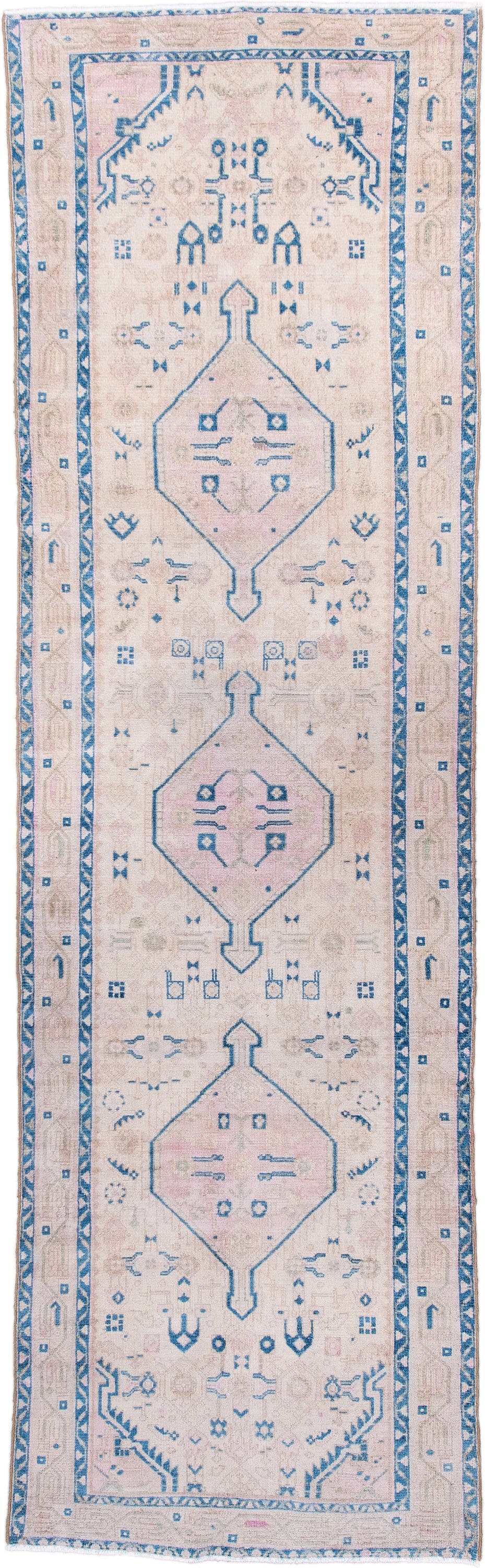 2' x 9' one-of-a-kind handmade antique Hamadan runner rug. Color palette: ivory, sky blue, blush, taupe, pale pink