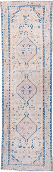 2' x 9' one-of-a-kind handmade antique Hamadan runner rug. Color palette: ivory, sky blue, blush, taupe, pale pink