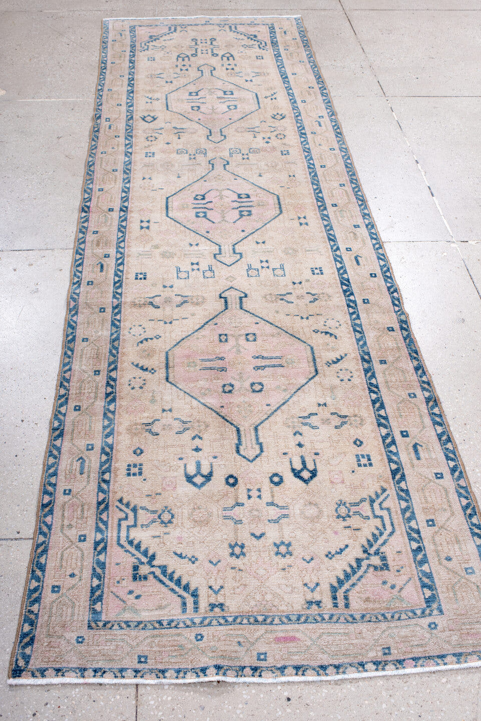 2' x 9' one-of-a-kind handmade antique Hamadan runner rug. Color palette: ivory, sky blue, blush, taupe, pale pink