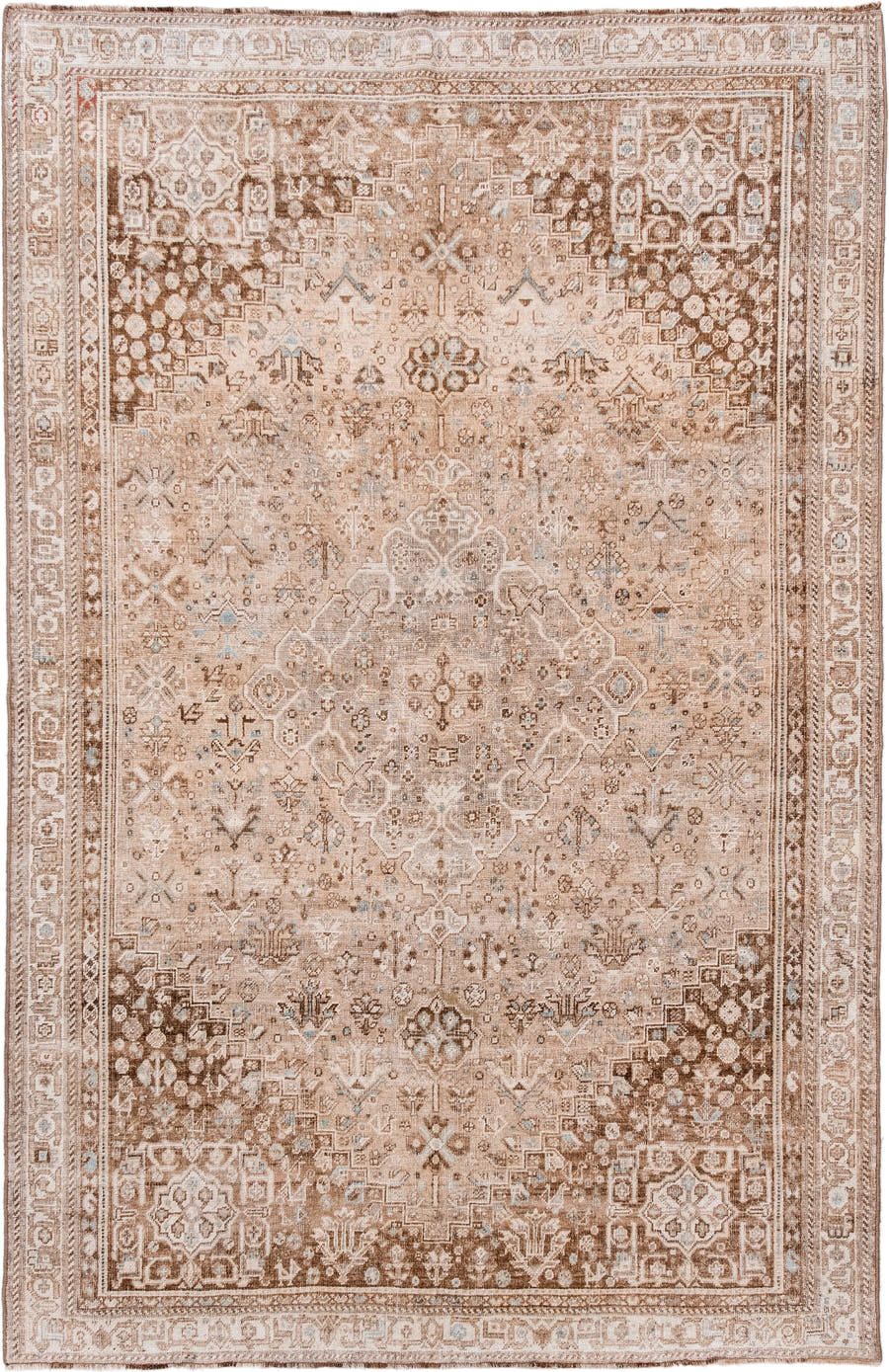 5' x 8' one-of-a-kind handmade vintage Shiraz medium size rug. Color palette: taupe, ivory, camel, beige, light brown