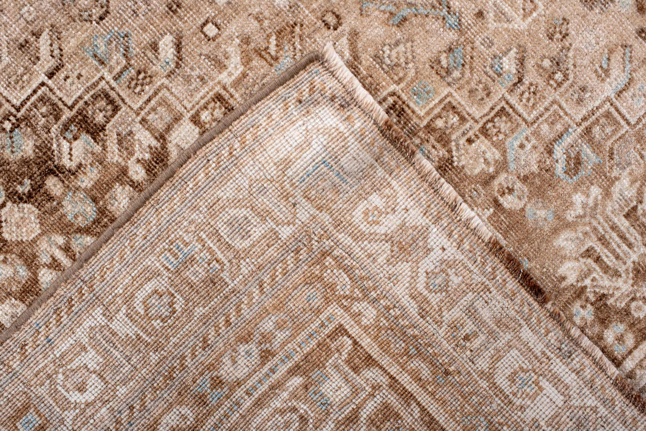 5' x 8' one-of-a-kind handmade vintage Shiraz medium size rug. Color palette: taupe, ivory, camel, beige, light brown