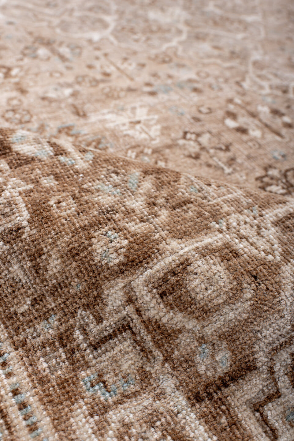 5' x 8' one-of-a-kind handmade vintage Shiraz medium size rug. Color palette: taupe, ivory, camel, beige, light brown