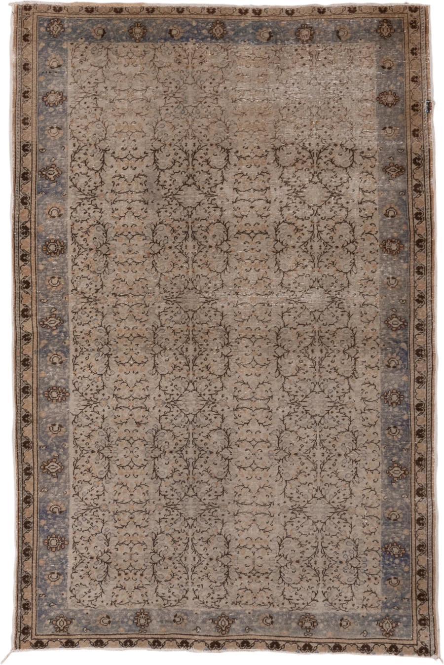 4' x 6' one-of-a-kind handmade vintage Oushak rug. Color palette: taupe, beige, slate, brown, ivory, gray