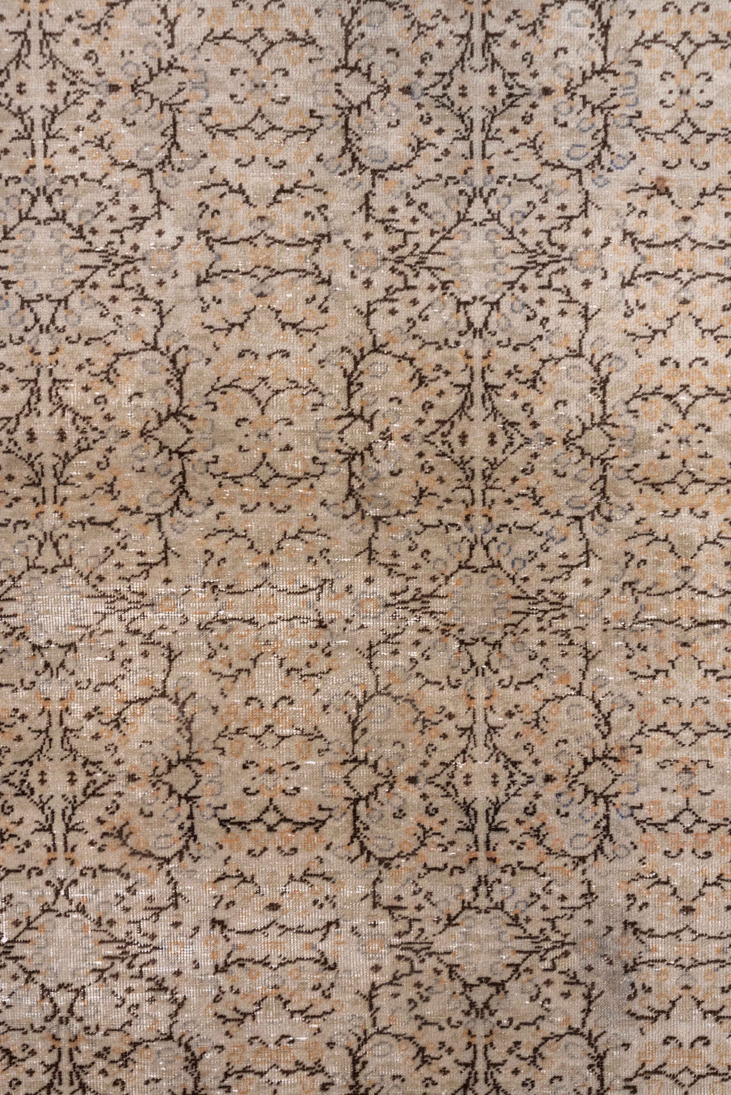 4' x 6' one-of-a-kind handmade vintage Oushak rug. Color palette: taupe, beige, slate, brown, ivory, gray