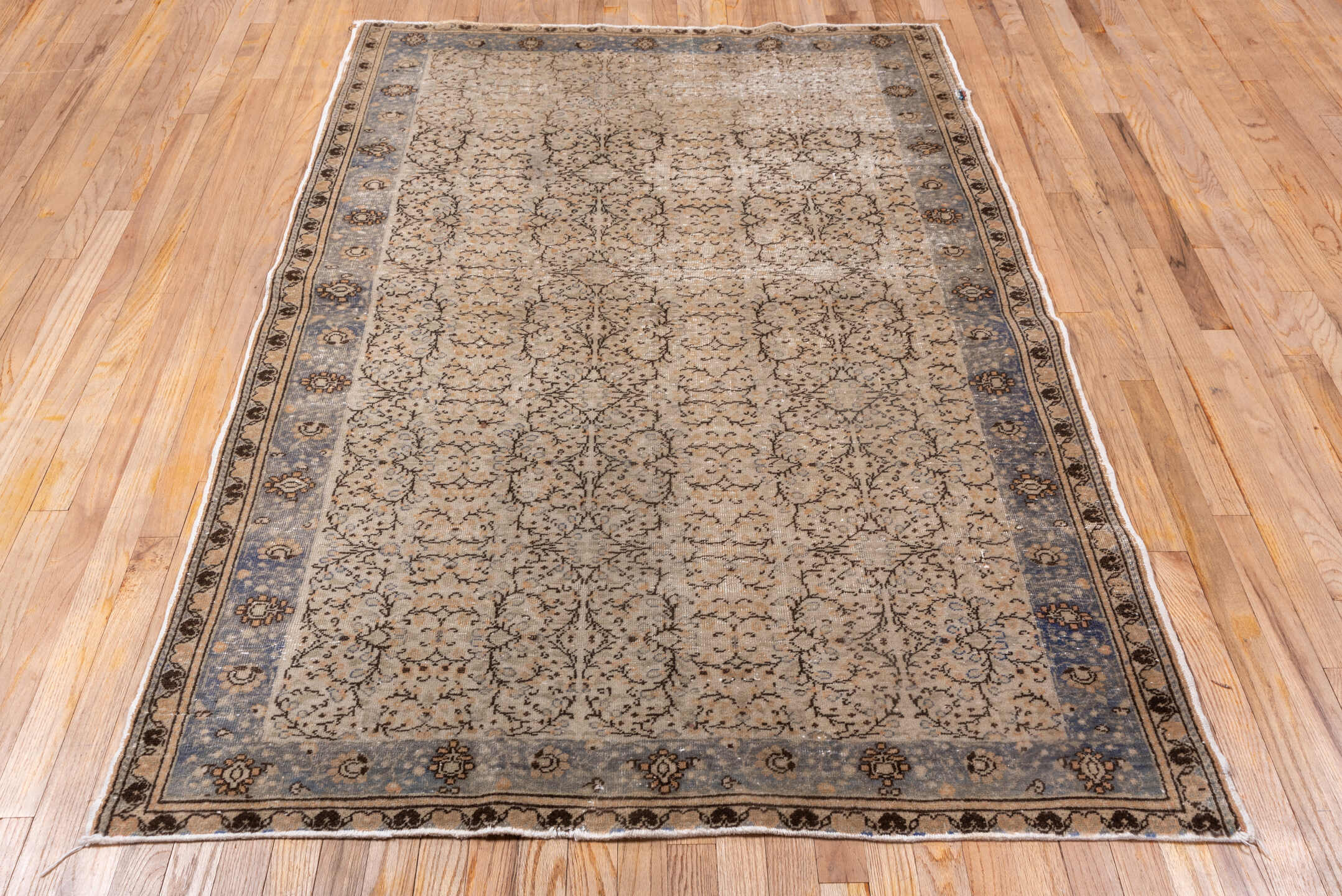 4' x 6' one-of-a-kind handmade vintage Oushak rug. Color palette: taupe, beige, slate, brown, ivory, gray