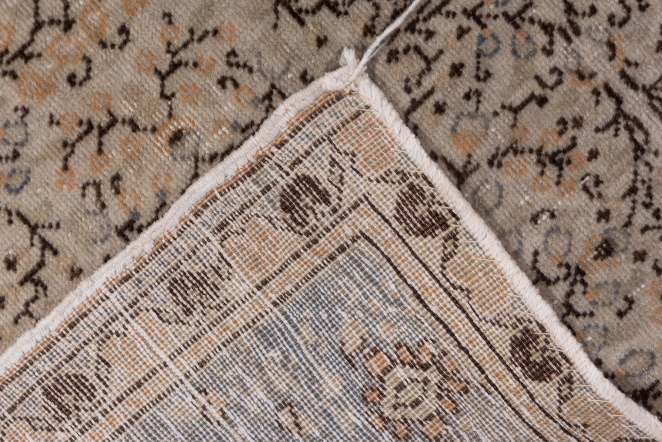 4' x 6' one-of-a-kind handmade vintage Oushak rug. Color palette: taupe, beige, slate, brown, ivory, gray