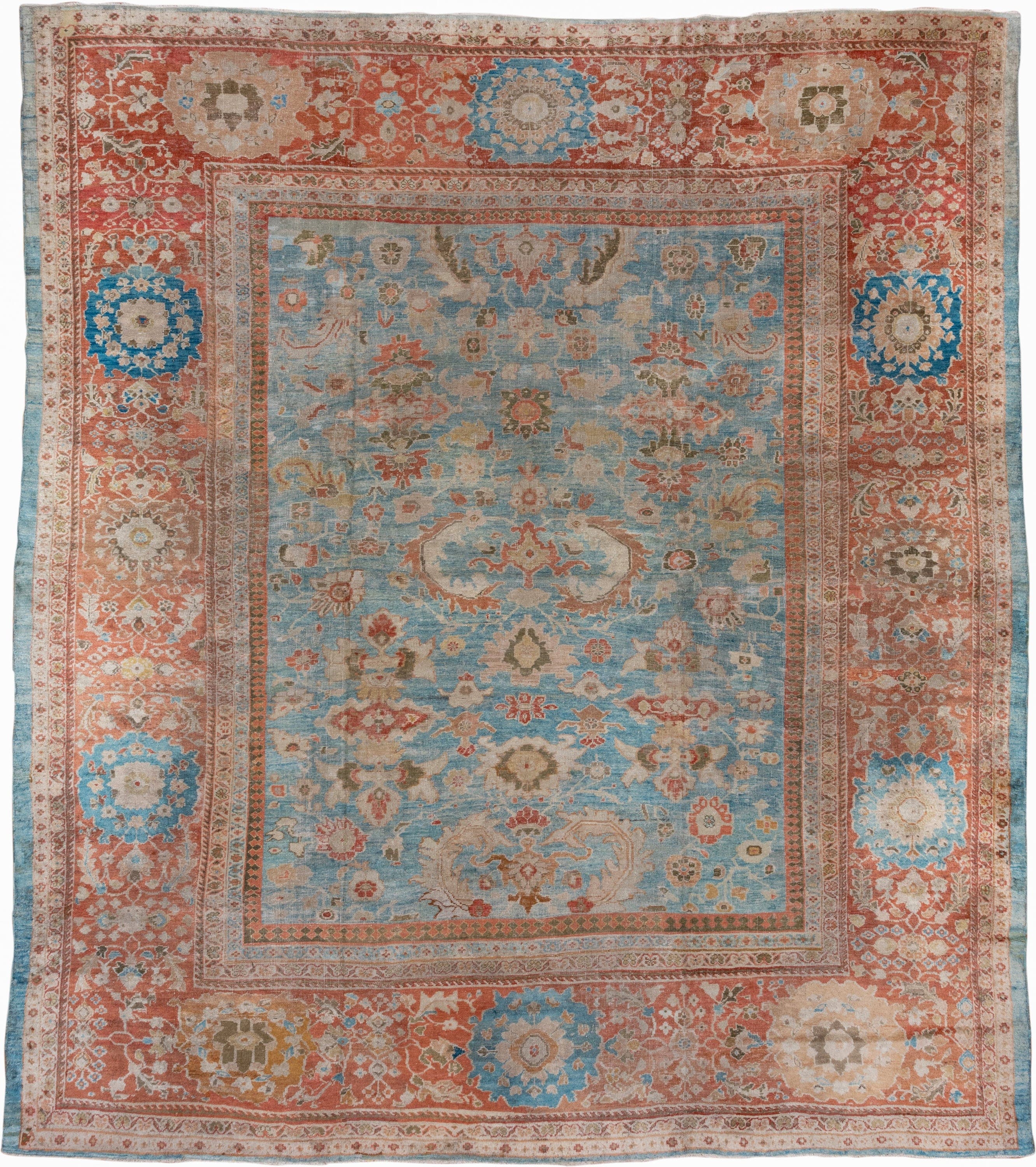 11' x 13' one-of-a-kind handmade antique Sultanabad oversize rug. Color palette: sky blue, terra cotta, ivory, beige, rust