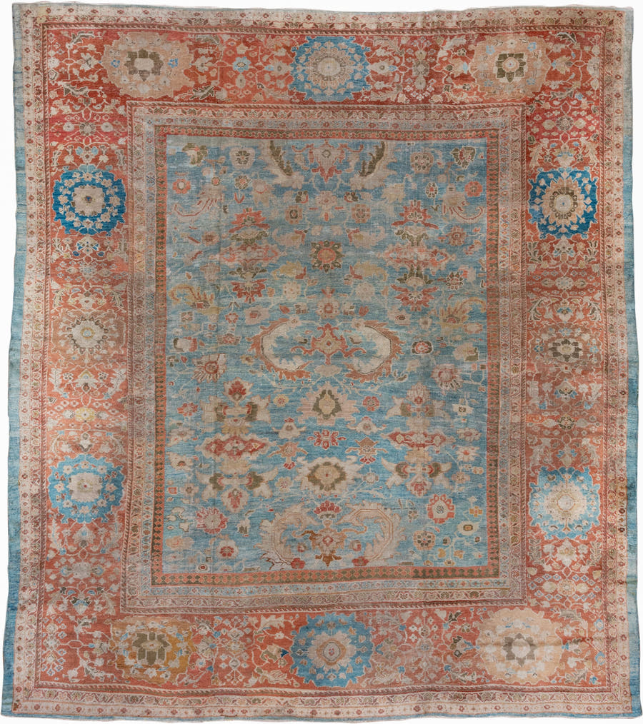 11' x 13' one-of-a-kind handmade antique Sultanabad oversize rug. Color palette: sky blue, terra cotta, ivory, beige, rust