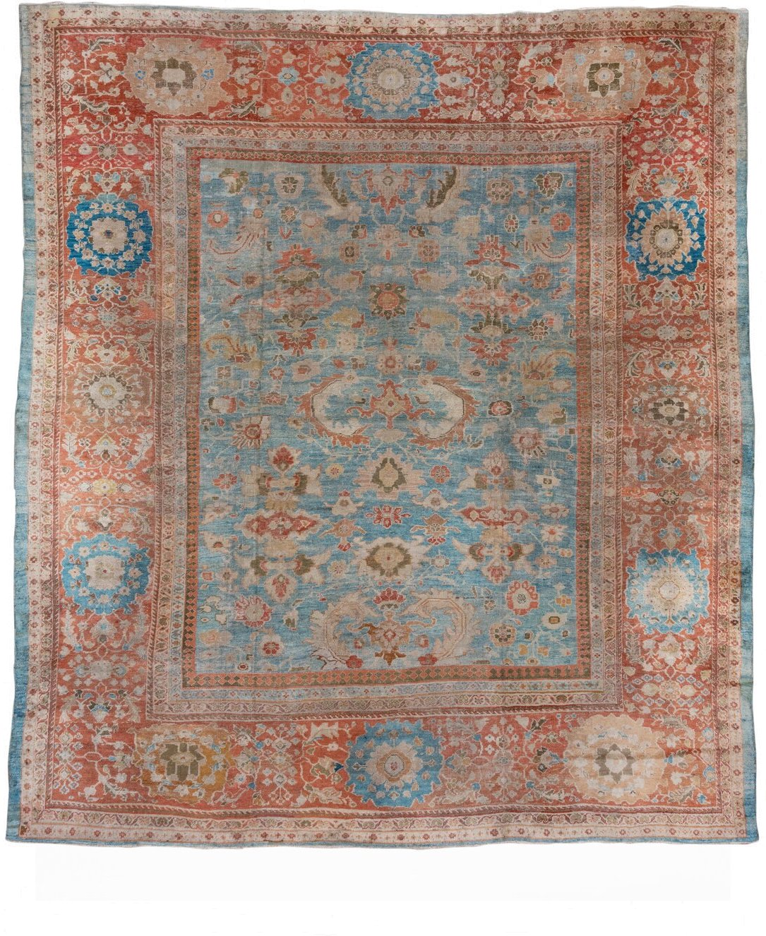 11' x 13' one-of-a-kind handmade antique Sultanabad oversize rug. Color palette: sky blue, terra cotta, ivory, beige, rust
