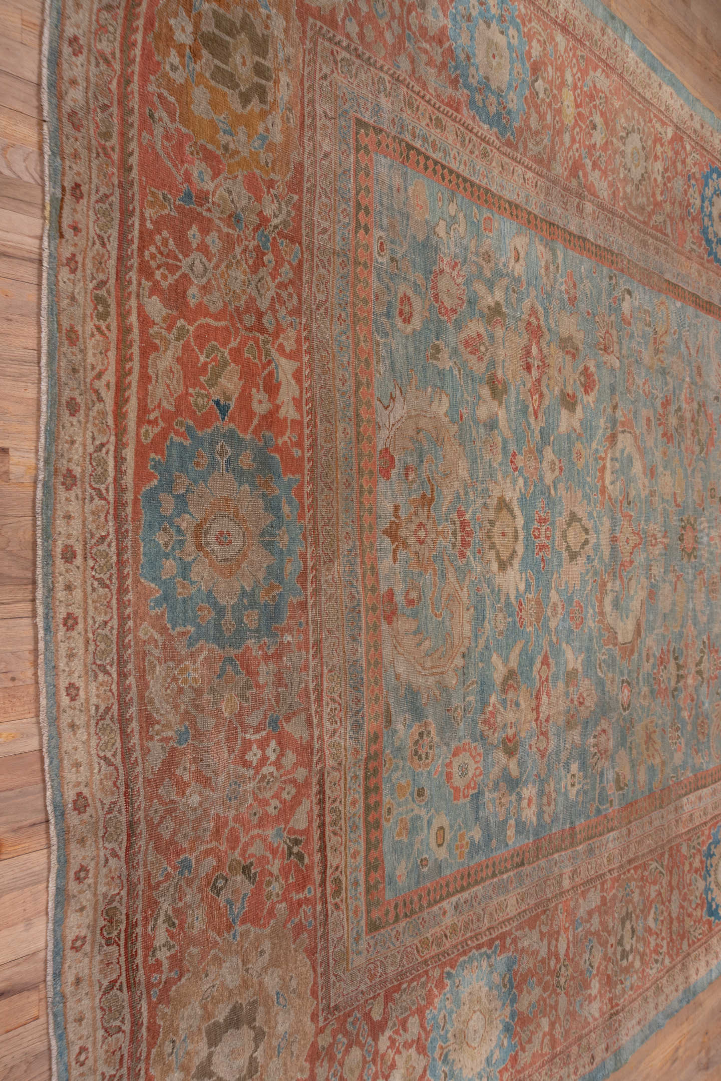 11' x 13' one-of-a-kind handmade antique Sultanabad oversize rug. Color palette: sky blue, terra cotta, ivory, beige, rust