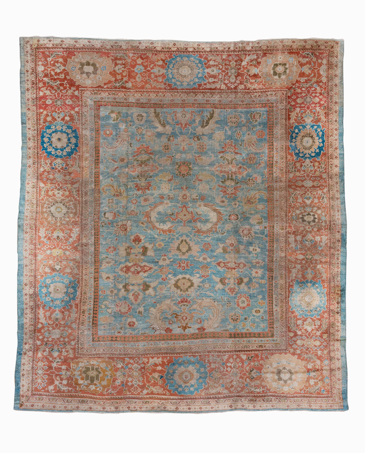11' x 13' one-of-a-kind handmade antique Sultanabad oversize rug. Color palette: sky blue, terra cotta, ivory, beige, rust