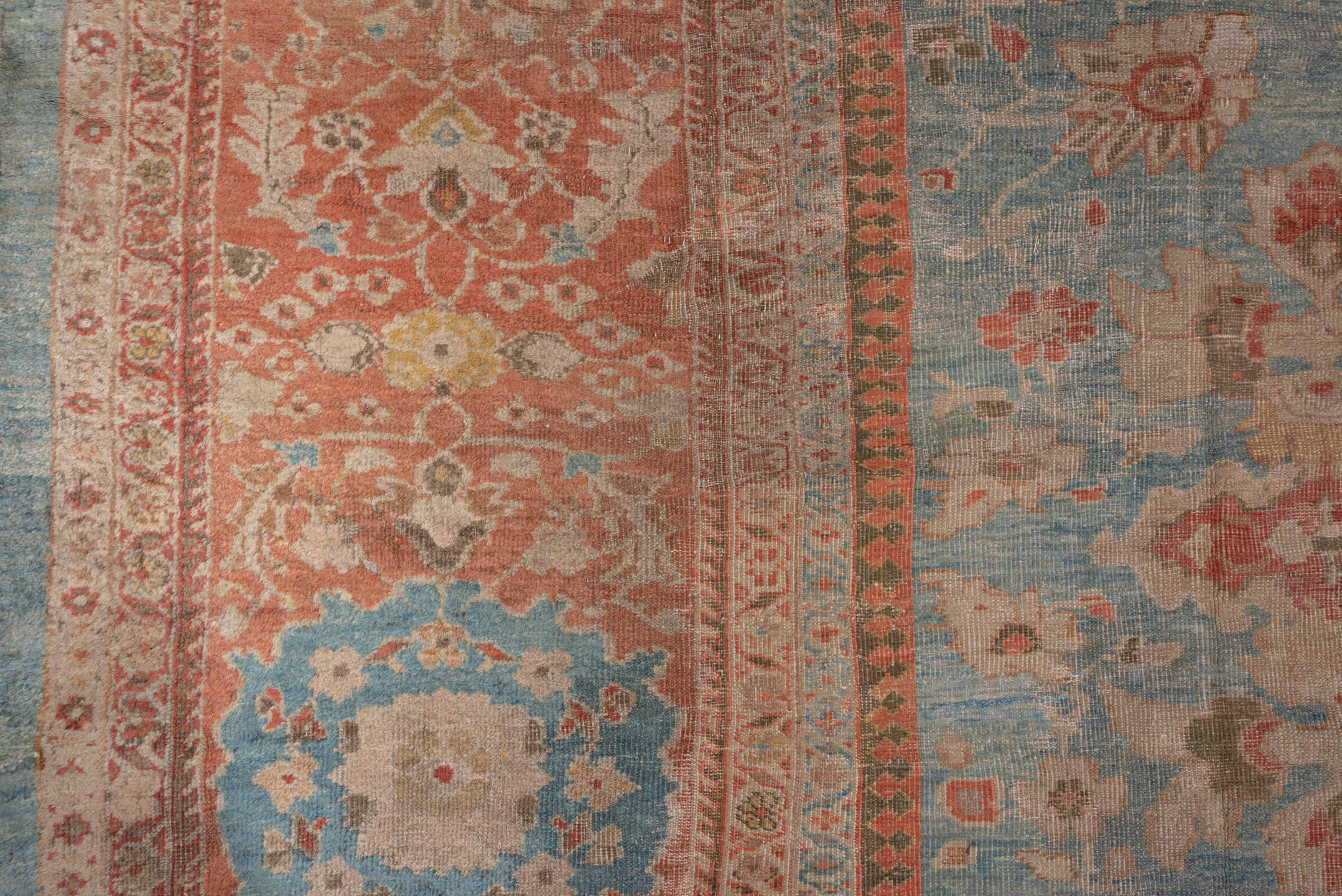 11' x 13' one-of-a-kind handmade antique Sultanabad oversize rug. Color palette: sky blue, terra cotta, ivory, beige, rust
