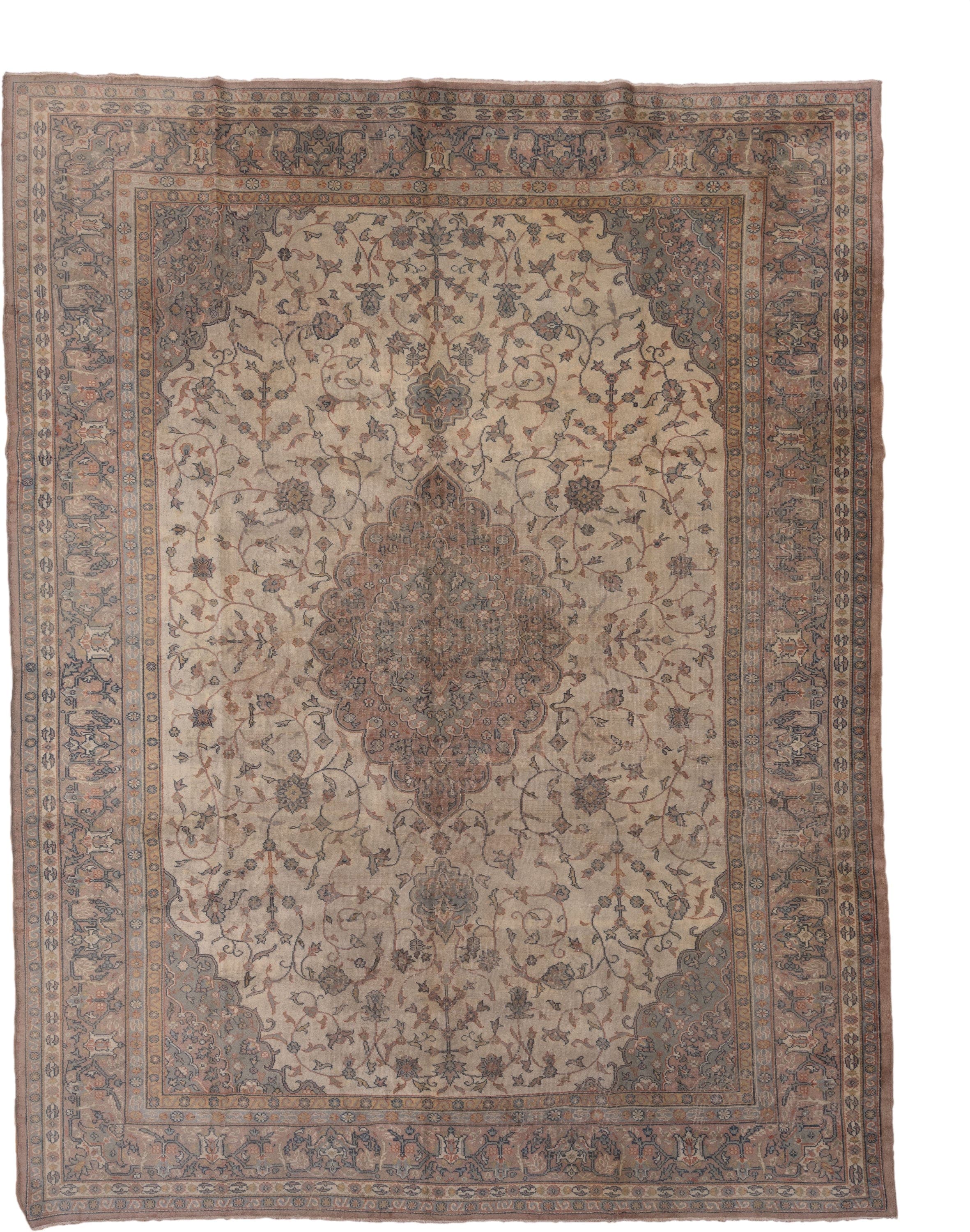 10' x 13' one-of-a-kind handmade vintage Sivas large size rug. Color palette: ivory, taupe, rose, blue-gray, camel, slate