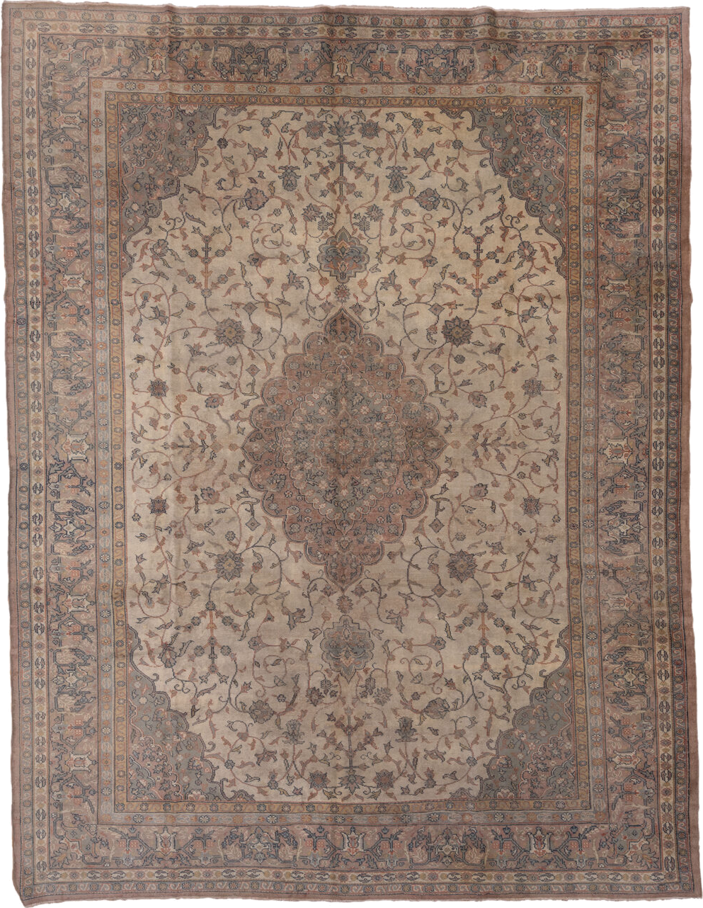 10' x 13' one-of-a-kind handmade vintage Sivas large size rug. Color palette: ivory, taupe, rose, blue-gray, camel, slate