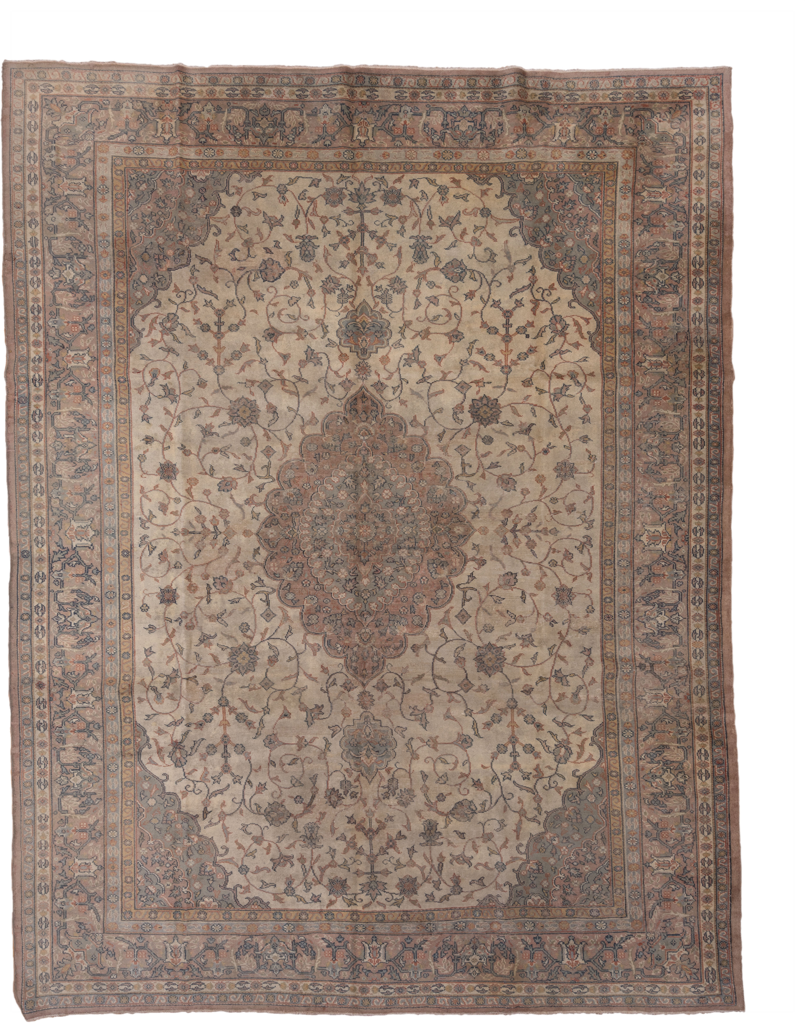 10' x 13' one-of-a-kind handmade vintage Sivas large size rug. Color palette: ivory, taupe, rose, blue-gray, camel, slate