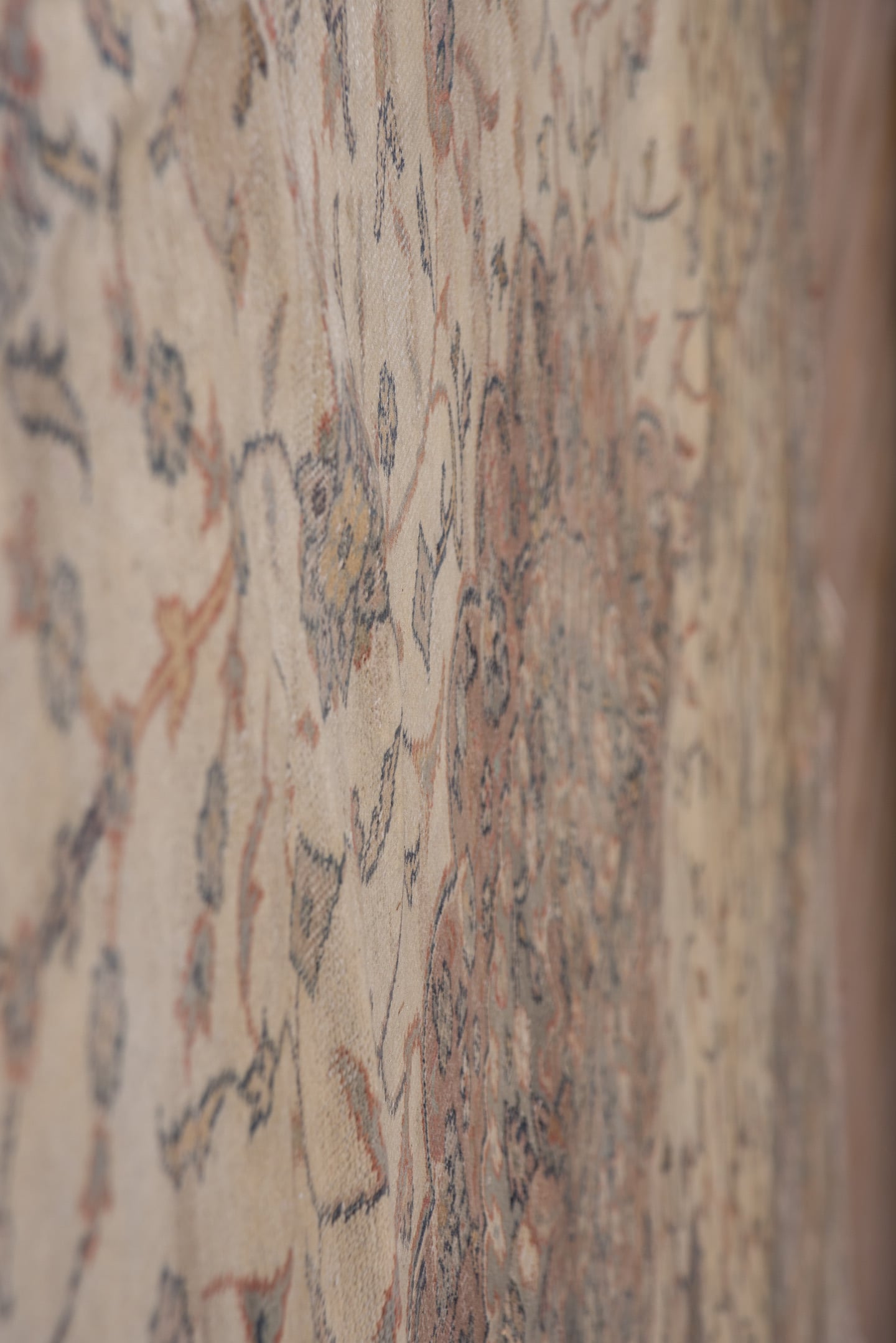 10' x 13' one-of-a-kind handmade vintage Sivas large size rug. Color palette: ivory, taupe, rose, blue-gray, camel, slate
