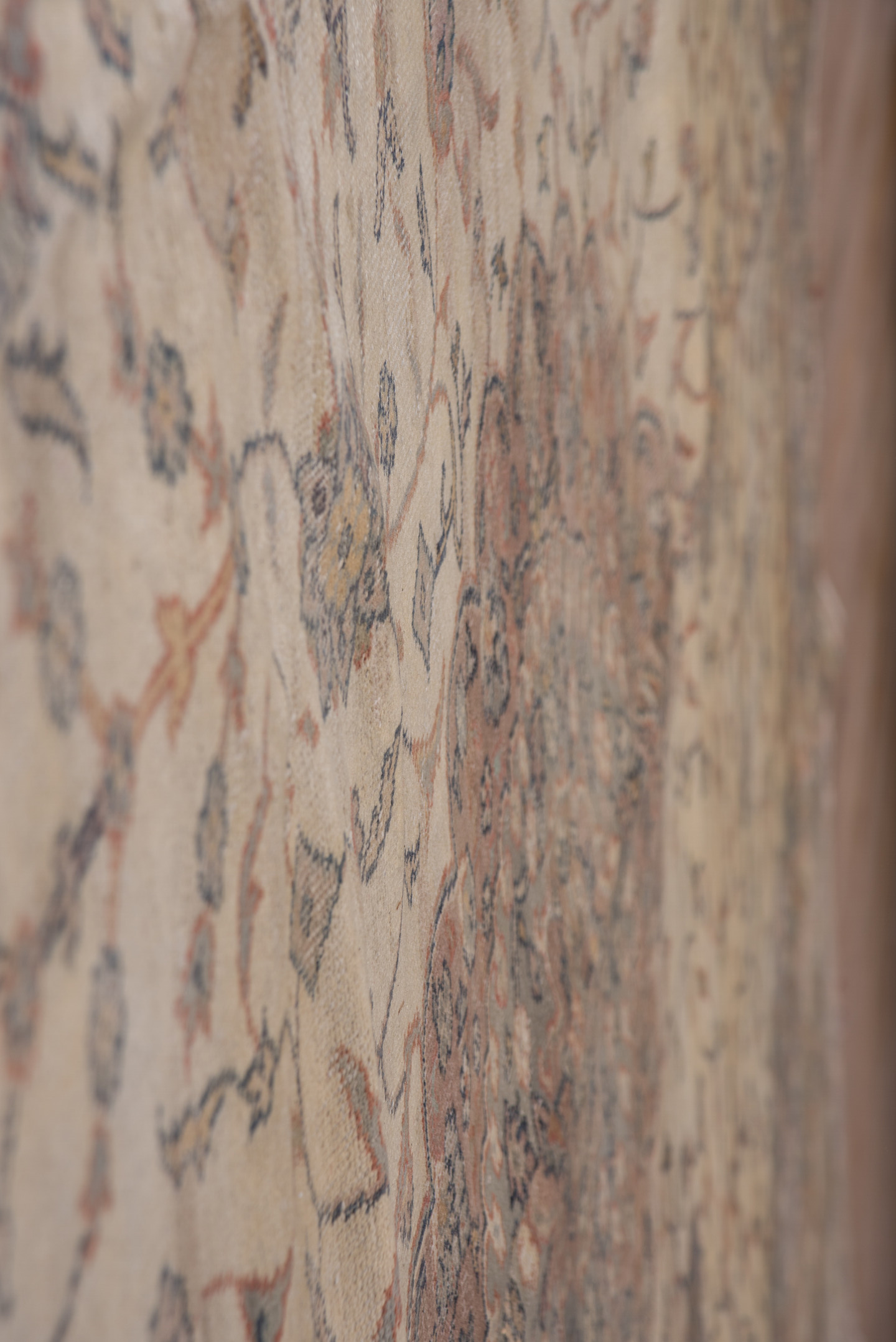 10' x 13' one-of-a-kind handmade vintage Sivas large size rug. Color palette: ivory, taupe, rose, blue-gray, camel, slate