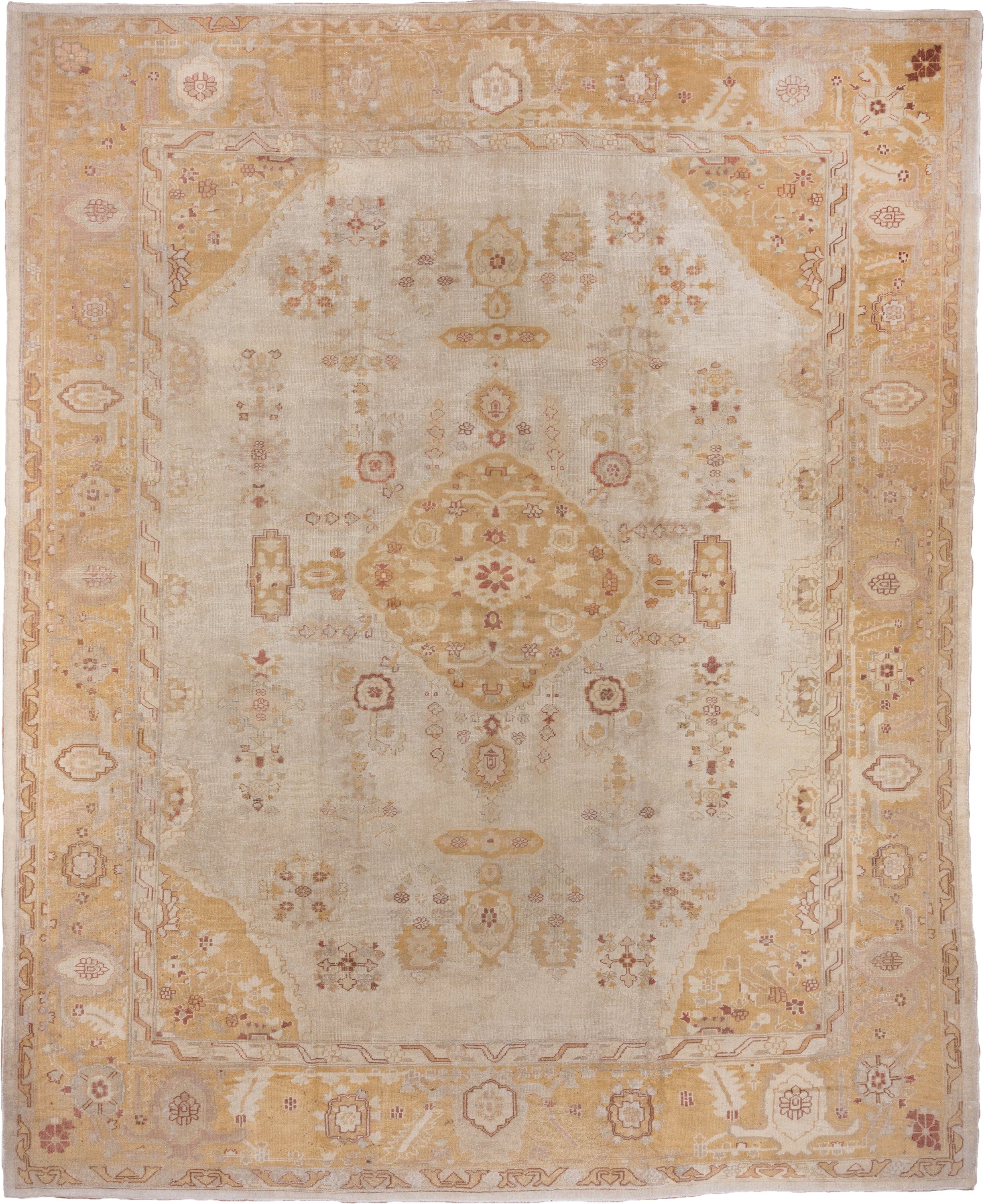 12' x 14' one-of-a-kind handmade antique Oushak oversize rug. Color palette: ivory, gold, camel, blush, taupe, rust, sage