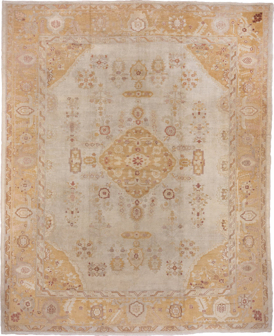 12' x 14' one-of-a-kind handmade antique Oushak oversize rug. Color palette: ivory, gold, camel, blush, taupe, rust, sage