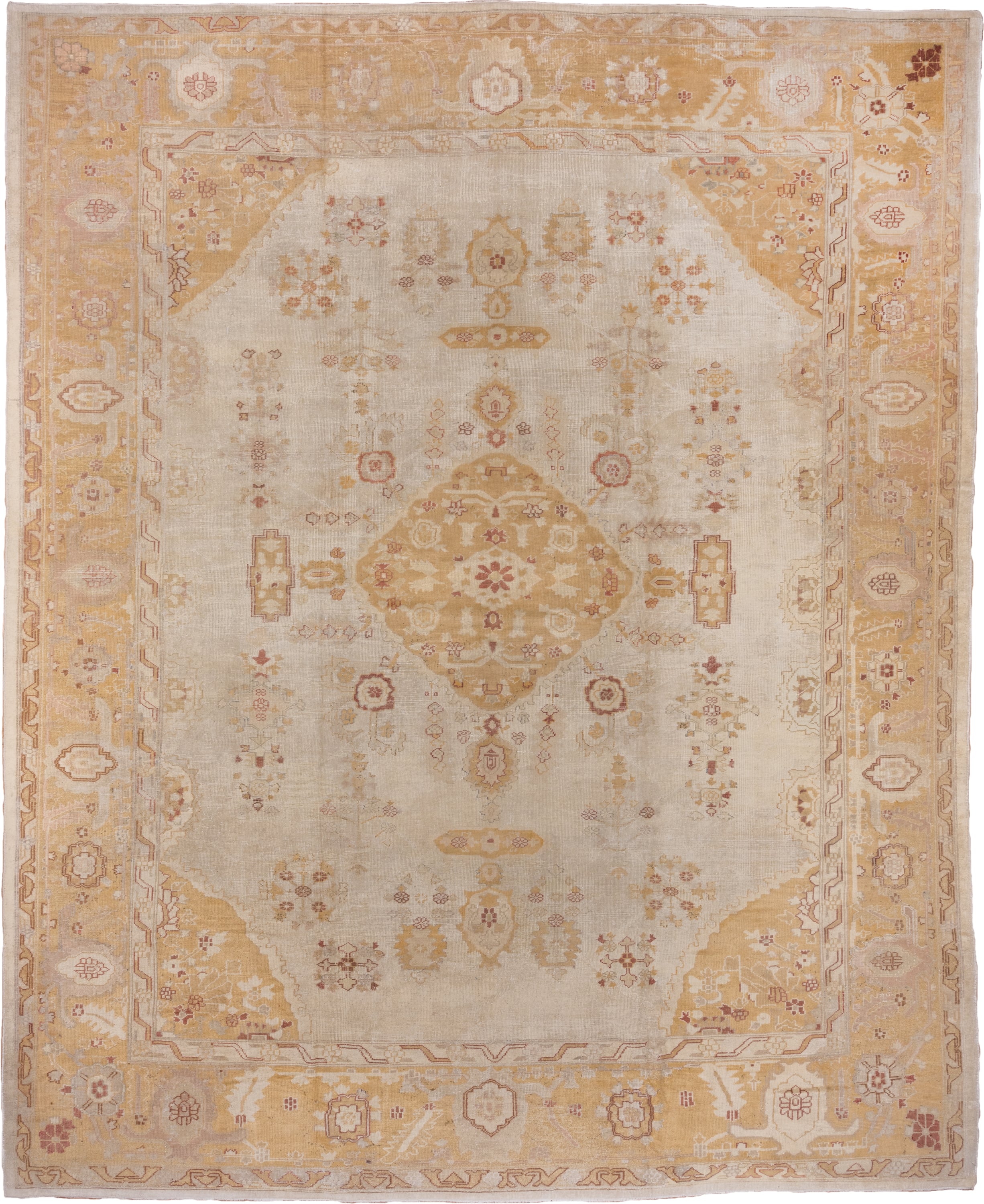 12' x 14' one-of-a-kind handmade antique Oushak oversize rug. Color palette: ivory, gold, camel, blush, taupe, rust, sage
