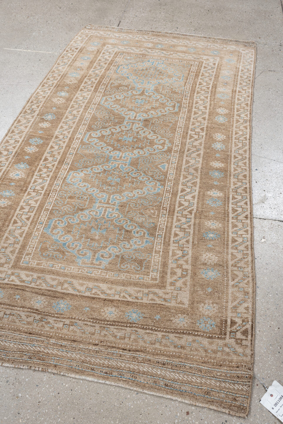 3' x 6' one-of-a-kind handmade antique Belouch runner rug. Color palette: camel, ivory, pale aqua, taupe, sand, beige, teal