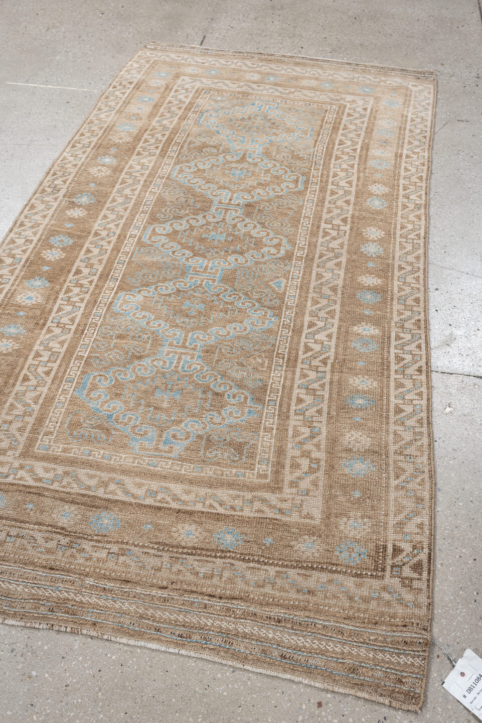 3' x 6' one-of-a-kind handmade antique Belouch runner rug. Color palette: camel, ivory, pale aqua, taupe, sand, beige, teal