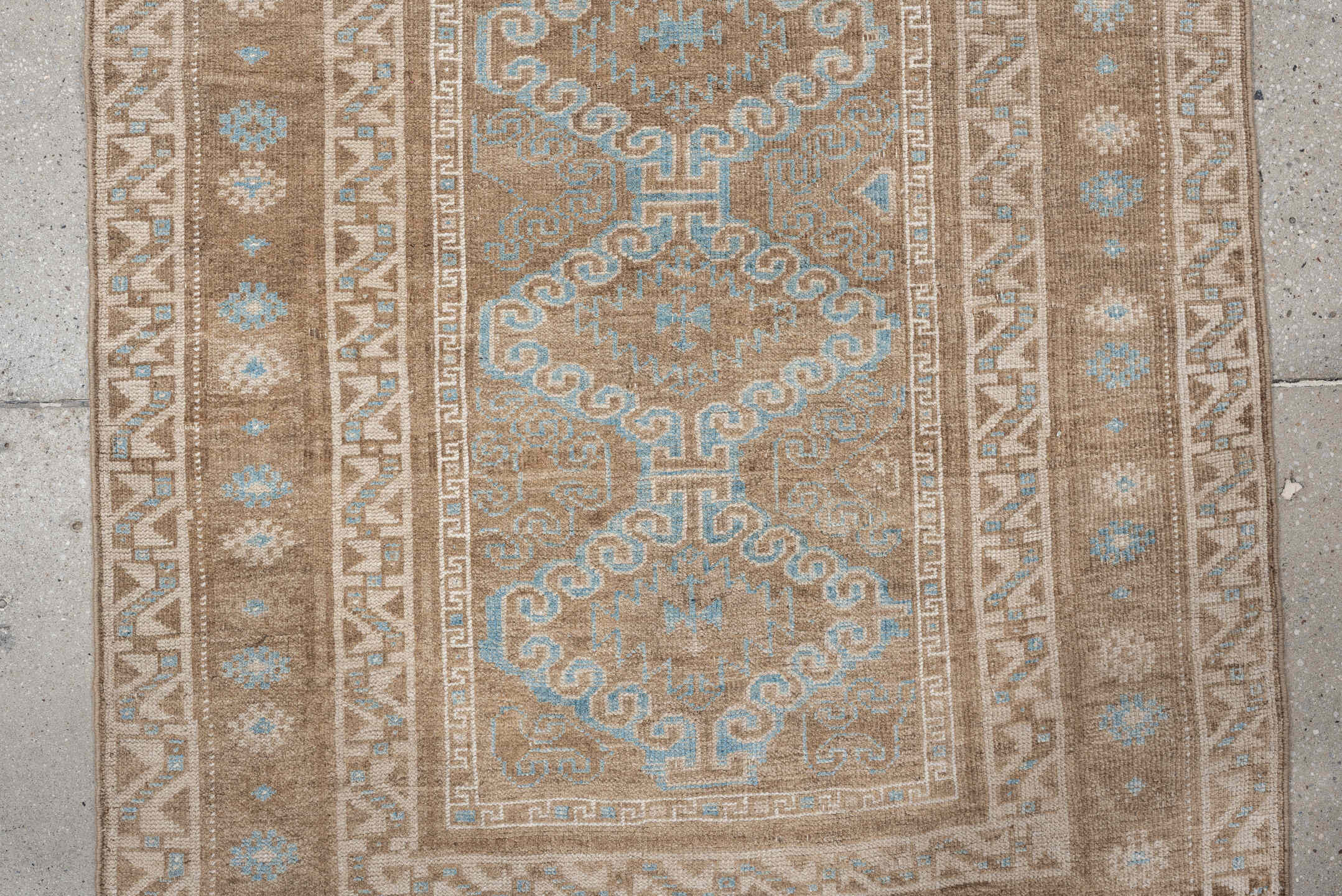 3' x 6' one-of-a-kind handmade antique Belouch runner rug. Color palette: camel, ivory, pale aqua, taupe, sand, beige, teal