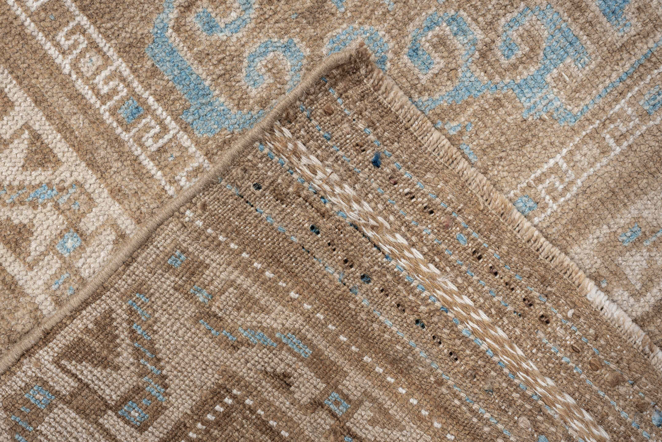 3' x 6' one-of-a-kind handmade antique Belouch runner rug. Color palette: camel, ivory, pale aqua, taupe, sand, beige, teal
