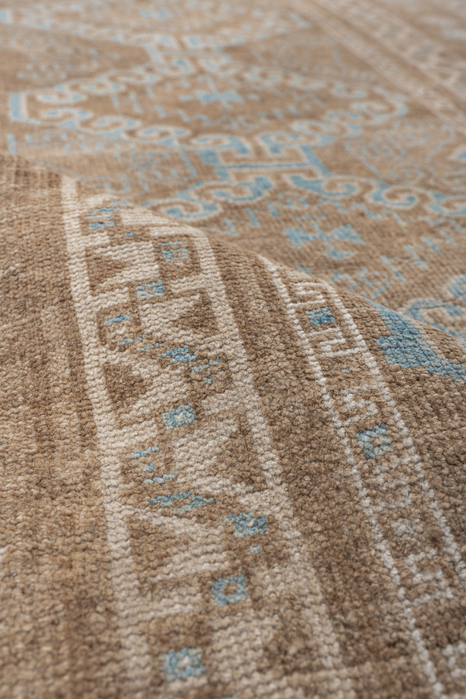 3' x 6' one-of-a-kind handmade antique Belouch runner rug. Color palette: camel, ivory, pale aqua, taupe, sand, beige, teal
