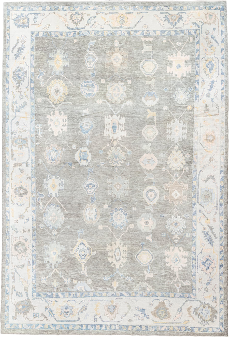 13' x 20' one-of-a-kind handmade vintage Oushak oversize rug. Color palette: gray, ivory, sky_blue, taupe, soft_gold, cream