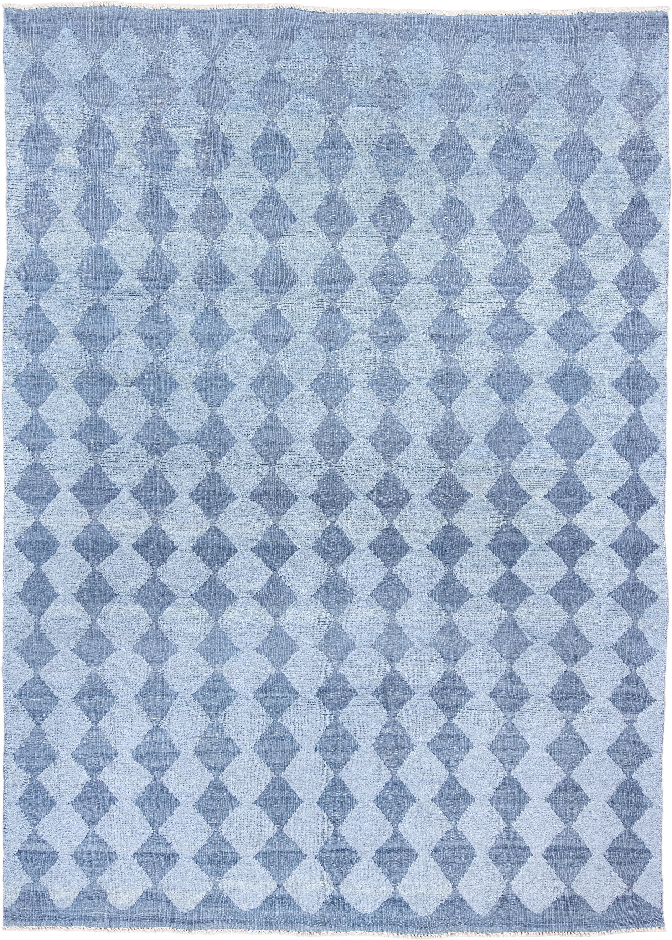 9' x 12' one-of-a-kind handmade vintage Tulu large size rug. Color palette: powder blue, sky blue, ice blue, light blue