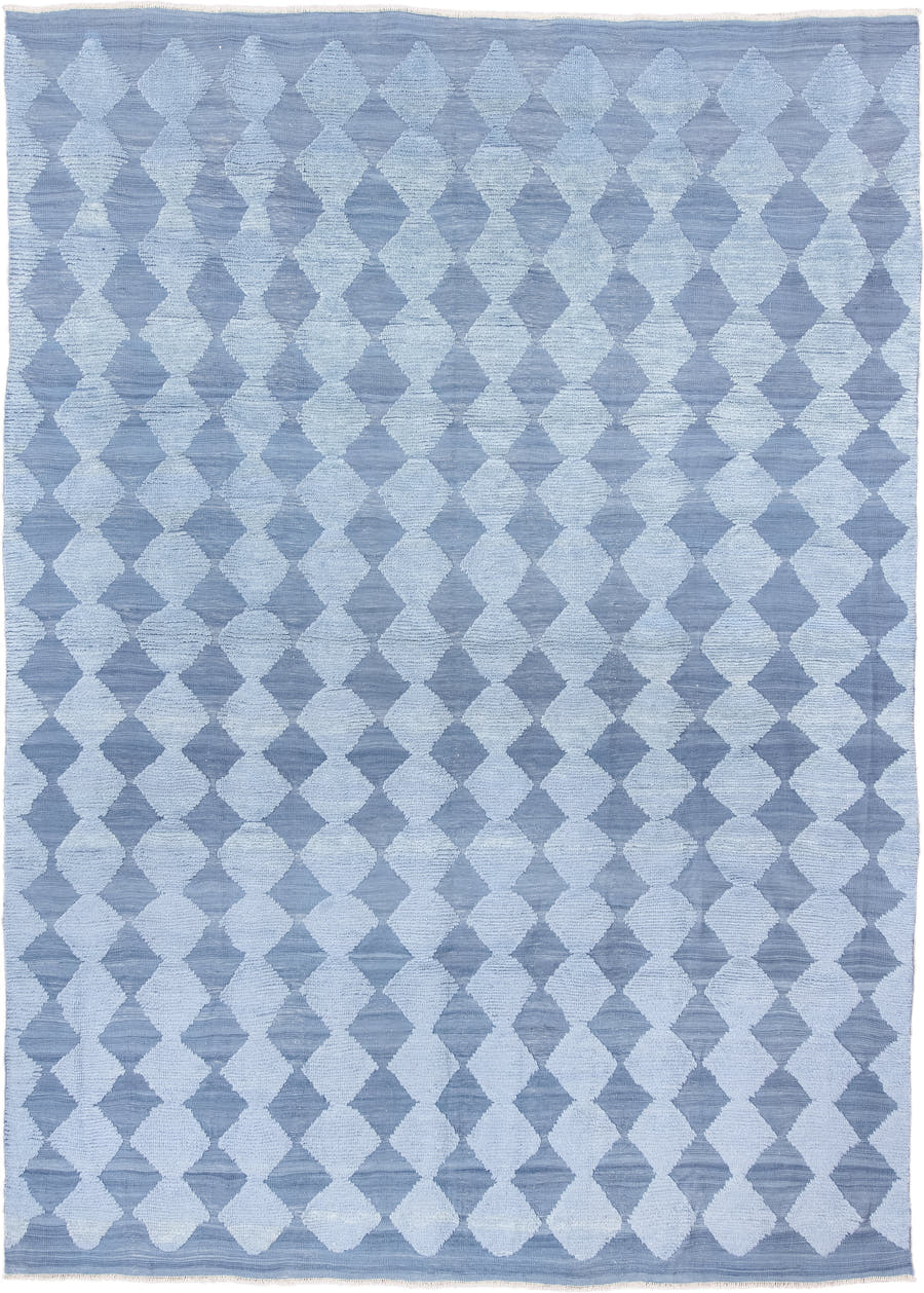 9' x 12' one-of-a-kind handmade vintage Tulu large size rug. Color palette: powder blue, sky blue, ice blue, light blue