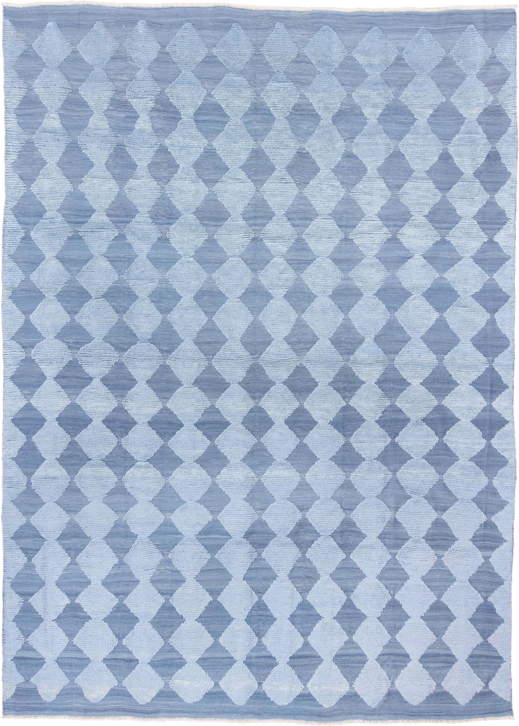9' x 12' one-of-a-kind handmade vintage Tulu large size rug. Color palette: powder blue, sky blue, ice blue, light blue
