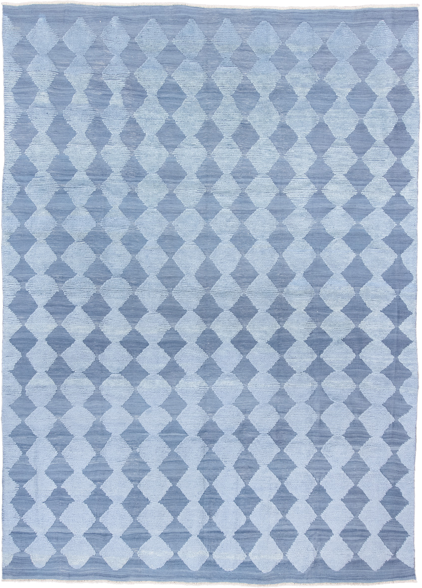 9' x 12' one-of-a-kind handmade vintage Tulu large size rug. Color palette: powder blue, sky blue, ice blue, light blue