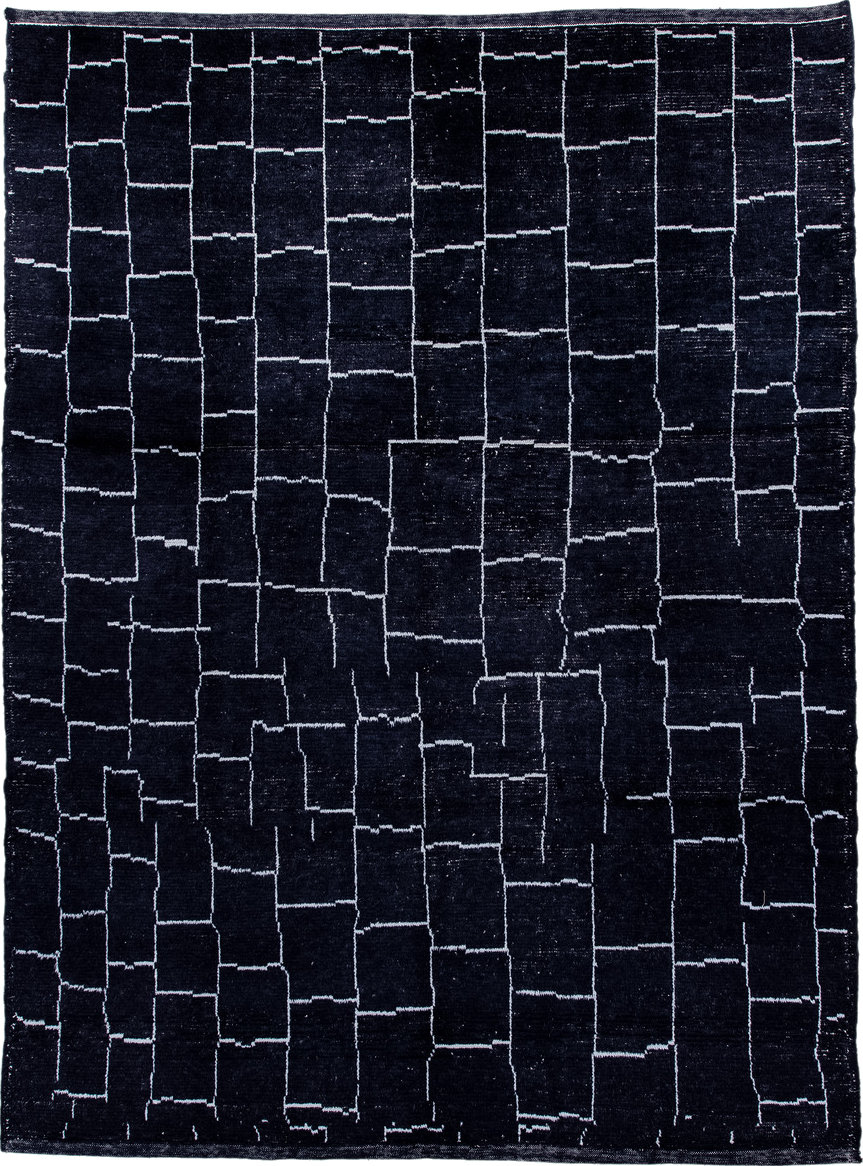 7' x 9' one-of-a-kind handmade vintage Moroccan rug. Color palette: black, blue, gray, lavender, light blue, light gray