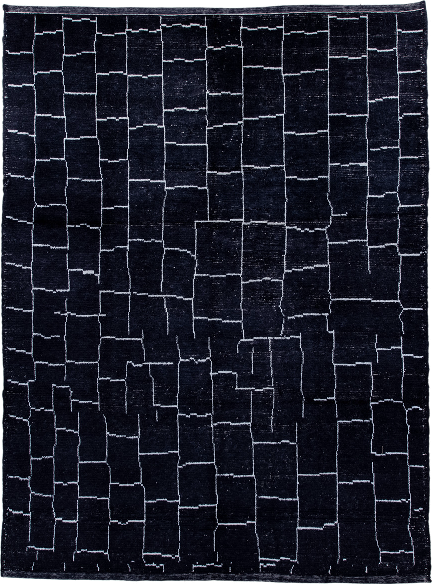 7' x 9' one-of-a-kind handmade vintage Moroccan rug. Color palette: black, blue, gray, lavender, light blue, light gray