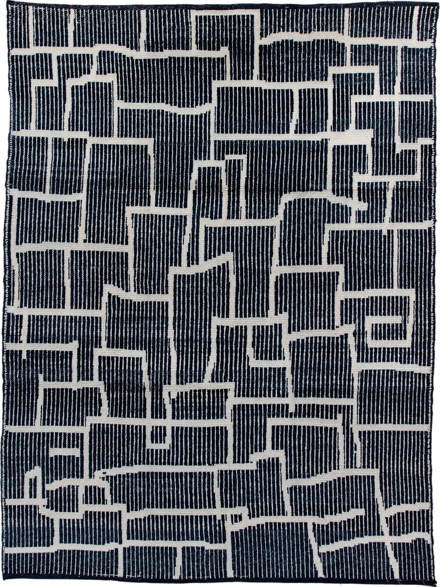 7' x 10' one-of-a-kind handmade vintage Tulu large size rug. Color palette: navy, ivory, blue