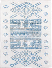8' x 11' one-of-a-kind handmade vintage Moroccan large size rug. Color palette: ivory, sky_blue, pale_blue, light blue
