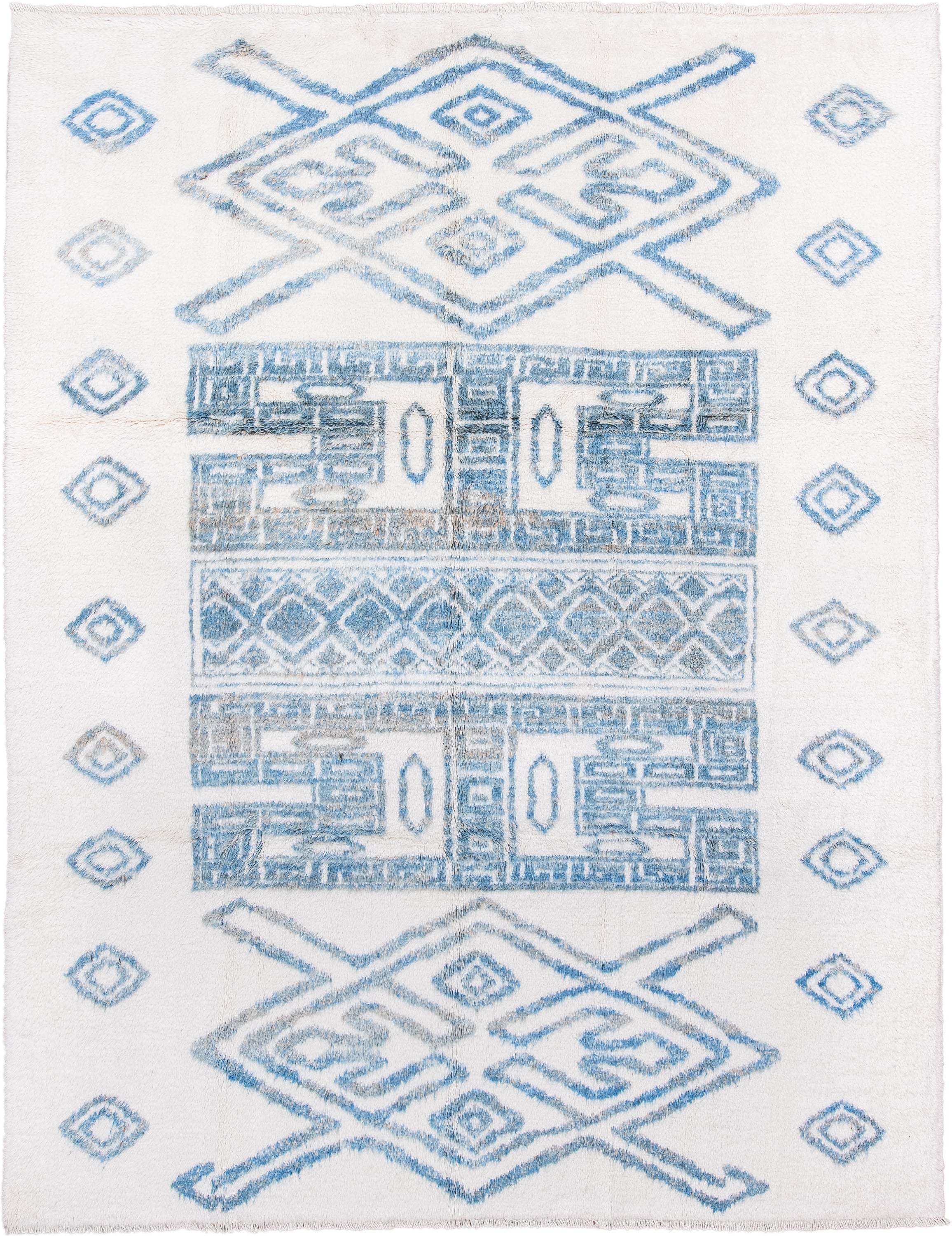 8' x 11' one-of-a-kind handmade vintage Moroccan large size rug. Color palette: ivory, sky_blue, pale_blue, light blue