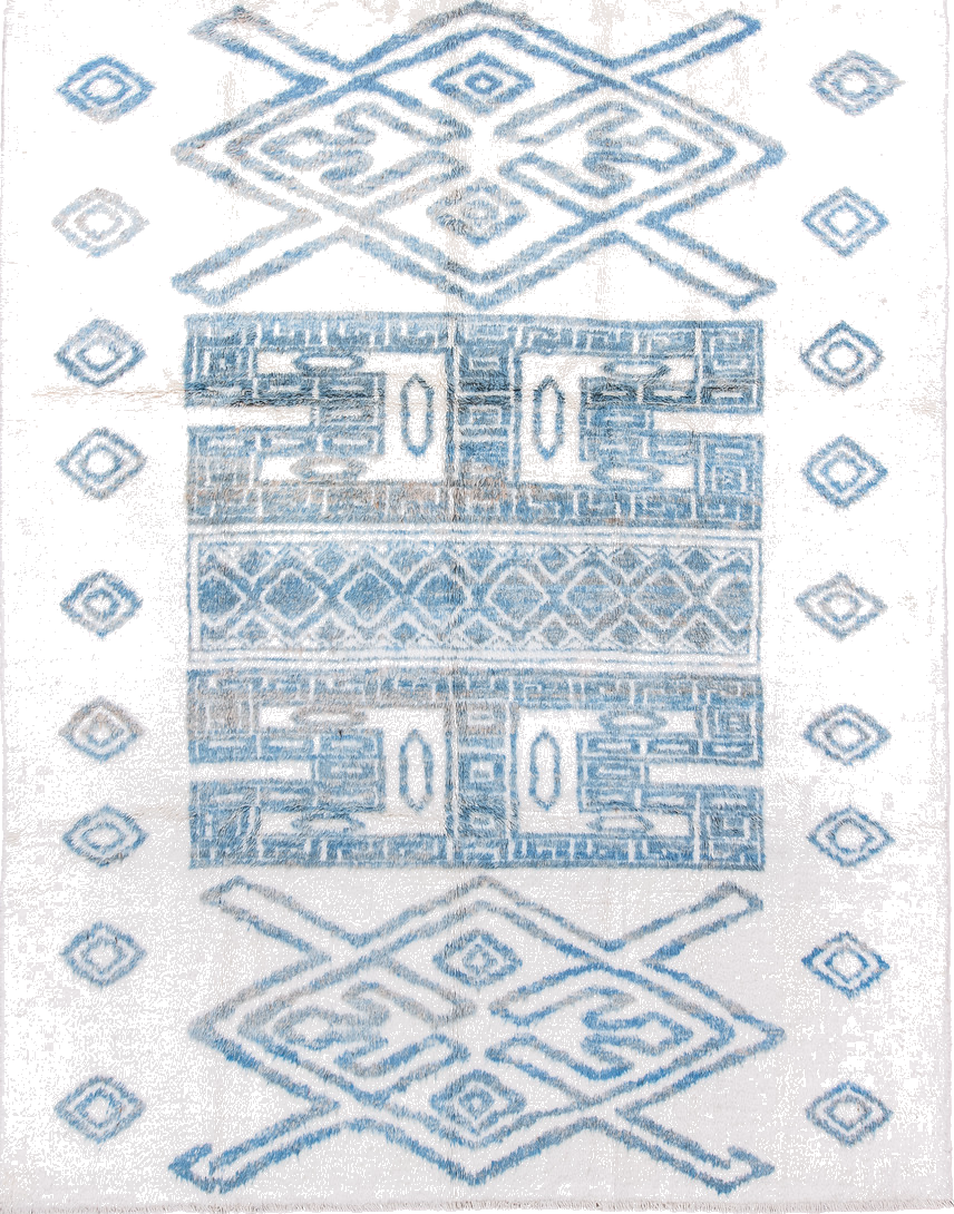 8' x 11' one-of-a-kind handmade vintage Moroccan large size rug. Color palette: alice blue, blue, dark gray, dim gray